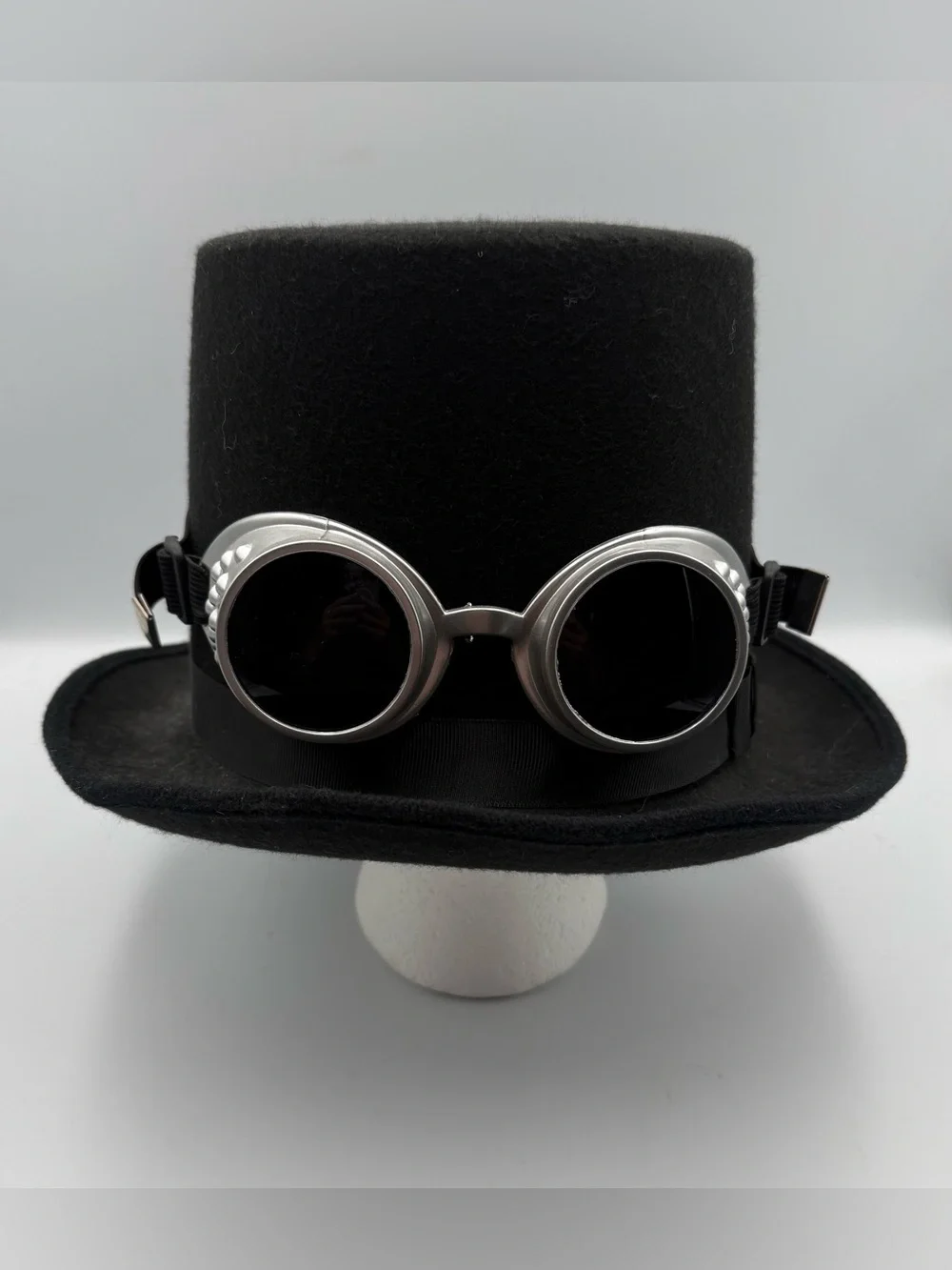 Black Felt Steampunk Top Hat With Removable Silver Goggles Unisex